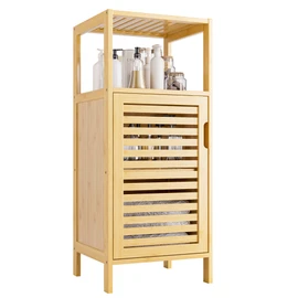 HITNET Bathroom Cabinet Freestanding, Small Bamboo Floor Cabinet, 4 Tier Single Door Sofa Side Table Storage Organizer, Space Saving Kitchen Cupboard, Natural