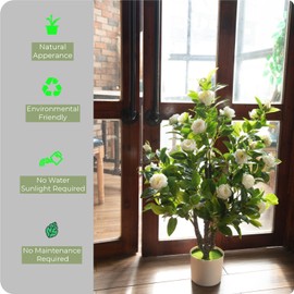 ECOFOREST Artificial Camellia Tree 35in Faux Floral Plant with White Flowers and Green Leaves - No Maintenance Indoor Outdoor Office Home Porch Decor Housewarming Gift(1 Pack - White)
