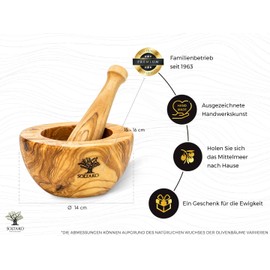 SOLTAKO Olive Wood Mortar & Pestle Set – Mortar – Wooden Mortar – Sustainable Herb and Spice Mortar Diameter Approx. 14 cm