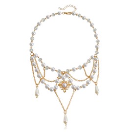 Pearl Heart Layered Necklace, Gold Plated Pearl Necklace, Gothic Y2K Layered Tassels Love Bride Wedding Prom Dress Jewelry for Women