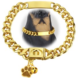 LuxLife Cuban Link Dog Collar Gold Chain Dog Collar 10mm with Secure Snap, Bell & Dog Tag Stainless Steel Metal Dog Chain Collars for Puppy Small Medium Large Dogs (14")