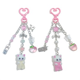 AGEN KGEN Cute Cat Keychain, Fuzzy Cat Decor Gifts for Cat Lovers, Y2K Heart Bow Pendant, Kawaii Cat Bag Charm for Women & Girls (2x Peach Strawberry Cat)