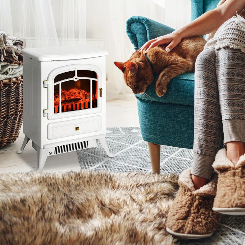 750/1500W Electric Fireplace Heater White Realistic LED Log Flames Glass