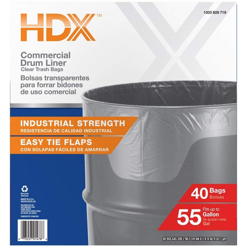 HDX 55 Gallon Clear Heavy-Duty Flap Tie Drum Liner Trash