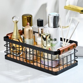 RoleDes Bathroom Organizer Small Metal Wire Storage Basket with Grip, Bathroom Decor Black Basket Organizer Detachable Wood Base Toilet Tank Basket for Bathroom, Cabinets, Vanity, Laundry Room