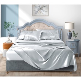 Satin Bed Sheets Queen Sheet Set, Silver Grey Silk Sheets, 4 - Pieces Soft Bedding Set with 1 Deep Pocket Fitted Sheet,1 Flat Sheet,2 Pillowcase