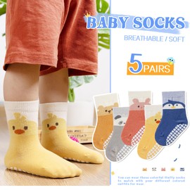 SeeyAN Baby Non Slip Socks Toddler Boys Girls Grips Cotton Anti Skids Crew Cute Cartoon Infant Socks 5 Pairs (Panda/Penguin/Duck/Bear/Rabbit, 6-12 Months)