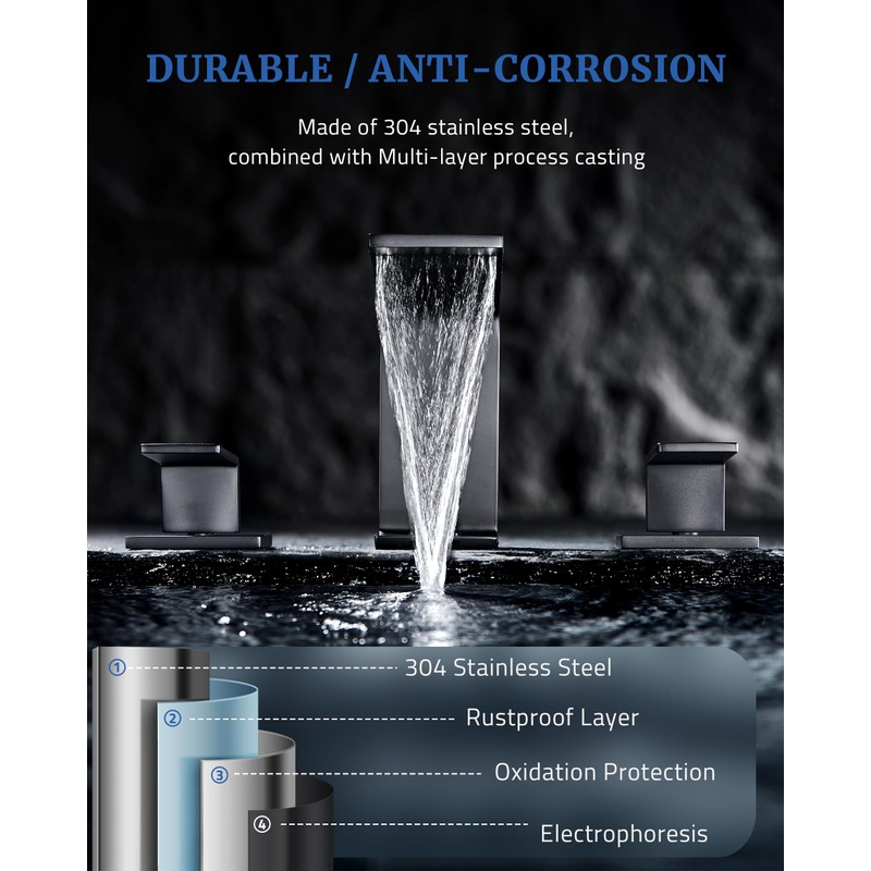 PerPaiMe Bathroom Faucet 3 Hole - 8 Inch Waterfall Bathroom