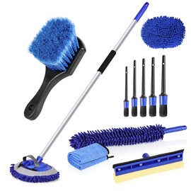 anngrowy 56.7" Car Wash Brush Mop Kit Mitt Sponge with Long Handle Car Cleaning Supplies Kit Tools Car Washing Duster Exterior Scratch Free, Chenille Replacement Head Extension Pole (Blue Set)