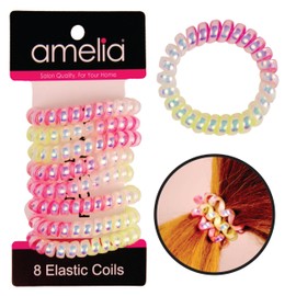 Amelia Beauty, 8-Pack Fun & Sparkly Multi-Colored Telephone Cord Hair Ties, 2.25in Yellow & PInk Spirals, Strong Hold, Gentle on Hair!