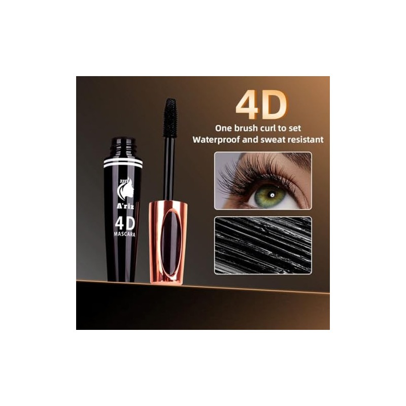 A'riz Long Lasting 4D Mascara for Eyelashes, Waterproof Formula, Black