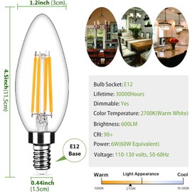 E12 led Candelabra Bulbs 60W Equivalent, CA10 Flame Tip Chandelier Light Bulbs, High Brightness 600lm Warm White 2700K, B11 Filament Candle Light Bulbs for Chandeliers 6pack (Warm White)