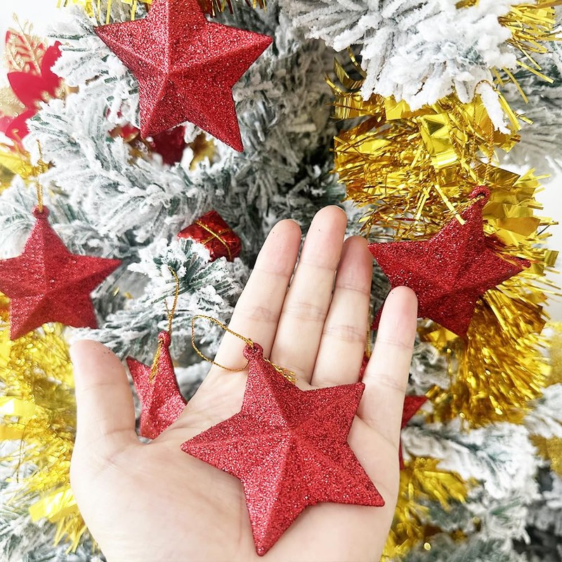 6 PCS Red Star Hanging Baubles Ornaments, 3D Glitter Star