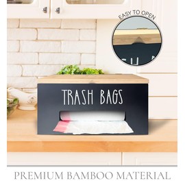 JA & Co.LLC Trash Bag Dispenser Bamboo – Wall or Countertop Holder with Key Hooks – Black & Natural Wood Finish – Fits Standard & Large Rolls – Kitchen, RV, Garage Organizer