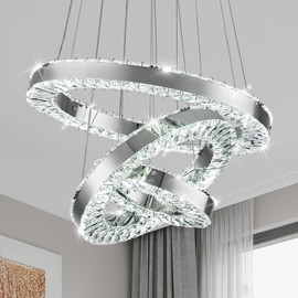 LEONTYNE Modern LED Crystal Chandeliers 3 Rings Crystal Chandeliers Adjustable Stainless Steel Ceiling Light Fixture for Dining Room Living Room Bedroom (11.8"+15.7"+19.6" Cool White)