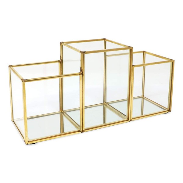 Isaac Jacobs 3-Compartment Makeup Brush Holder, Vintage Style Brass and Glass Organizer, (9.3” L x 3.1" W x 4.5" H) Storage Solution with Mirror Base & Taller Center Slot, for Makeup, Crafts, & More