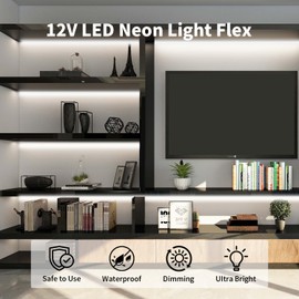 ShineBurky Neon LED Strip Light White, 16.4ft/5m Flexible Neon Rope Lights with Adapter and Dimmer Switch, Waterproof Silicone LED Rope Light for Bedroom Kitchen Party Indoor Outdoor Decoration