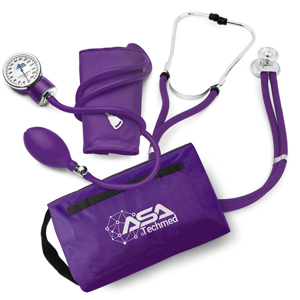 ASA TECHMED Dual Head Sprague Stethoscope and Sphygmomanometer Manual Blood Pressure Cuff Set with Case, Gift for Medical Students, Doctors, Nurses, EMT and Paramedics, Purple