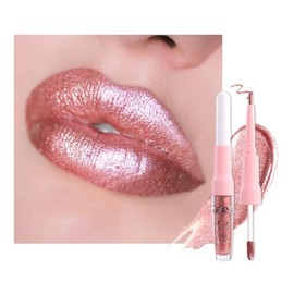 Kaely Lápiz labial y delineador de labios metálico 2 en 1, color oro rosa, lápices labiales metálicos líquidos brillantes para mujeres, tinte de brill