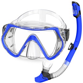 Adult Snorkel Set -Dry Snorkel Kit, Anti-Leak Diving Mask and Dry Snorkel,180° Panoramic View Scuba Mask with Tempered Glass Lens for Diving, Snorkeling, Swimming (Blue)