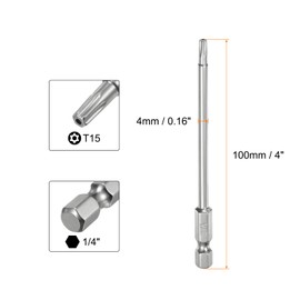 sourcing map 10pcs T15 Security Torx Bit 1/4" Hex Shank 4" Long S2 Steel Magnetic Tamper Resistant Star Bits Screwdriver Torx Head with Hole for Driver Drill Bits Remove Fastening Screws