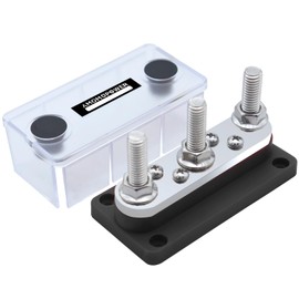 AMOMD 300A Bus Bars 3 Terminal Studs (3/8 inch) M10 4 8#-32 Screws Nickel Plated Copper Distribution Block Negative Electrical Buss Bars 12-48 V DC with Cover for Trailer Marine Boat Car RV (Black)