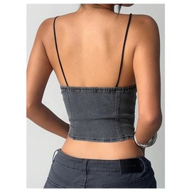 MakeMeChic Women's Y2K Denim Corset Spaghetti Strap Crop Top Contrast Lace Camisole Tops Dark Grey X-Small