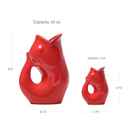 Gurgle Pot Fish Pitcher- Set of 2, Bright Red, French Inspired Design, Large Pitcher 42 oz. with matching 3 Creamer, Perfect Indoor or Outdoor Tableware., Fluid Ounces and