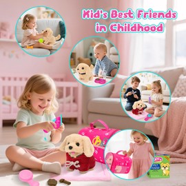deAO Electronic Plush Puppy Dog Toy with Sound Tail Wags Nodding Interaction, Toy Dog Including Grooming Tools, Feeding Bowl, Bath Accessories, Portable Pet Carrier Bag, Interactive Gift for Kids 3+