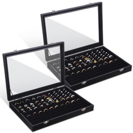 mekueeex 2 Pcs 100 Slots Ring Organizer Box with Transparent Glass Lid Necklace Display Tray Ring Case Velvet Jewelry Holder (Black)