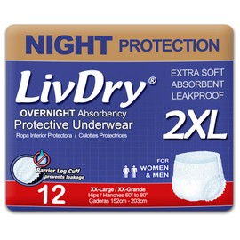LivDry 2XL Overnight Adult Diapers for Women and Men, XXL Incontinence Underwear, 60”-80" Waist, Disposable Pull-On Briefs, XX-Large, 12 Pack