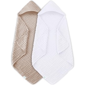 MOON PARK 2 Pack Muslin Hooded Baby Bath Towels for Newborns, Infants, Toddlers - 100% Cotton - Large 32x32Inch Size - Highly Absorbent and Essential, White and Brown