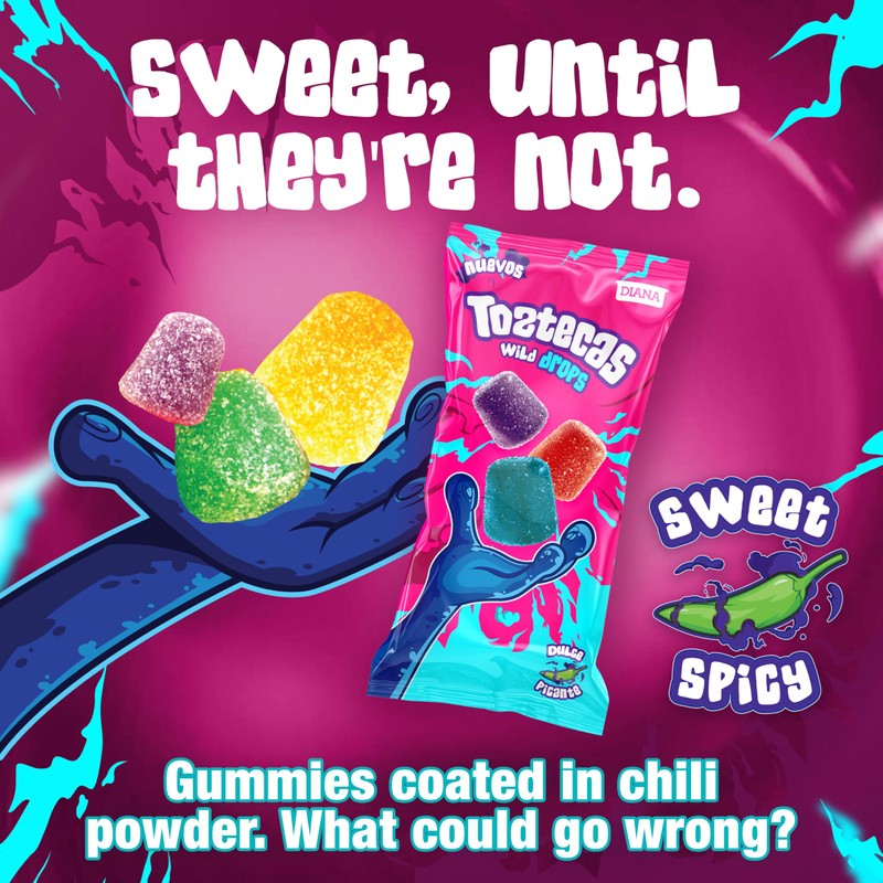 Toztecas Wild Drops, Chewy Gummies, Spicy Fruit Flavored Candy, 2.8