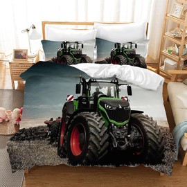 Tractor Bed Linen Set, 3D Print Tractor Pattern Children's Bed Linen, Microfibre Duvet Covers 3-Piece with Zip Closure, for Children, Teenagers, Boys (Tractor 6, 135 x 200 cm)