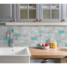 DEWOO Peel and Stick Wall Tile Backsplash PVC Self Adhesive Tiles for Kitchen Bathroom Turquoise Teal (10-Sheet, 13.5" x 11.4")