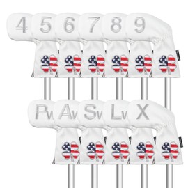 Craftsman Golf 11pcs /Set (4,5,6,7,8,9,A,S,P,L,X) USA US Flag Clover Leather Black Iron Covers Headcover Also Available for Custom Version with Your Name (White for Right)