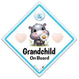 Grandchild On Board Blue Hippopotamus Cute Hippo Baby On Board Hippo Sign Car Sign 14cm x 14cm