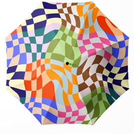 WSZYNDF Retro Multicolored Checkered Umbrella, Small Travel Compact Automatic Colorful Block Pattern Folding Umbrella for Rain and Wind, Portable UV Shade Sun Umbrella for Women (SZ48)