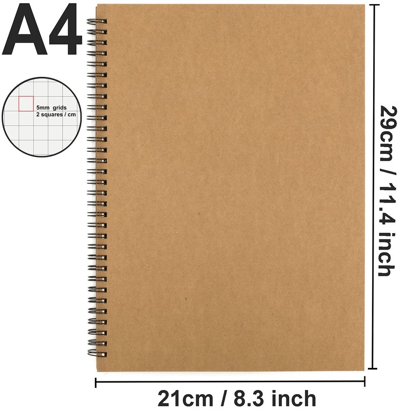 Cemiplus 2 Pack A4 Grid Spiral Notebook, Kraft Cover 5mm