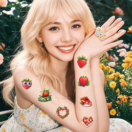 Y&C TENCOB Strawberry Temporary Tattoos For Kids | 100Pcs Birthday Decorations Party Favors Supplies Teens Kids Boy Girls Gift Idea Outdoor Activity(strawberry)