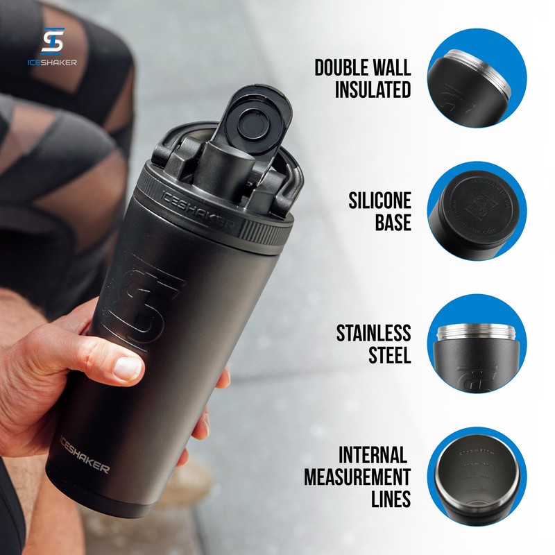 Ice Shaker Insulated Stainless Steel Shaker Bottle | 26oz, Black
