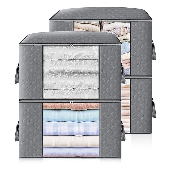 TECHVIDA 4 bolsas de almacenamiento de ropa de gran capacidad，cremallera resistente y asa reforzada para mantas, ropa, ropa de cama （gris）（60 * 40 * 35）cm
