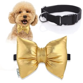 Nylon Dog Collars with Bow tie Cat Bowtie, Adjustable Soft Classic Dog Collar with Quick Release Buckle for Small Medium Large Dogs Cat Best Gift Comfortable (Medium, 02-Noble Gold)