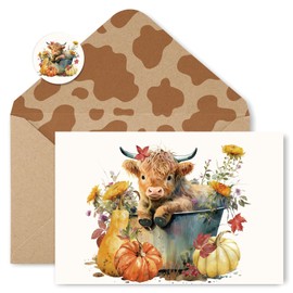 Whaline 24 Pack Fall Greeting Card Highland Cow Pumpkin Floral Blank Note Card with Envelopes Matching Seal Sticker for Autumn Thanksgiving Party Favor Supplies, 4 x 6 Inch