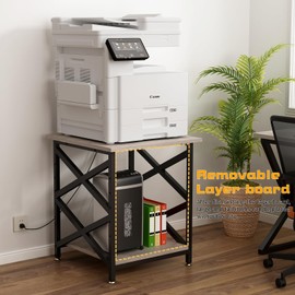 METYERRY Large Printer Stand with Power Outlet, with Height Adjustable Storage Shelf, 3 Tier Rolling Printer Cart with Industrial Wheels, 23.6 x 23.6 Inches Printer Table for Home Office, Greige