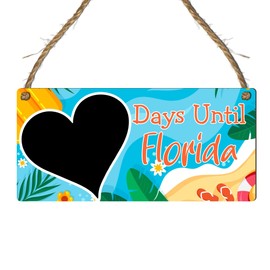 Days Until Florida Countdown Plaque – Hanging Sign with Beach, Palm, and Sunset Designs – Holiday Countdown Chalkboard – Tropical Wall Decor Gift for Florida Lovers (Multi Coloured, With Pen)