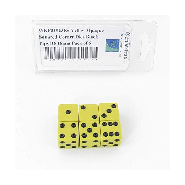 Yellow Opaque Squared Corner Dice Black Pips D6 16mm (5/8in) Pack of 6 Wondertrail