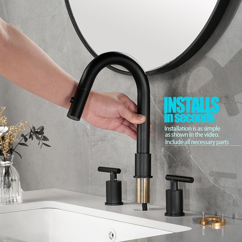 Ryuwanku Matte Black Pull Down Bathroom Faucet with Pop-up Drain,