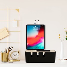 Relaxdays Cable Box for 2 Power Strips, Wooden Lid, Plastic, Hiding Cables HBT: 11.5 x 30.5 x 12.5 cm, Black