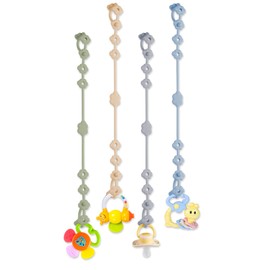 Jkevow Toy Straps for Baby, 4 Pack Adjustable Silicone Toy Safety Straps for Stroller, High Chair, Car Seat, Teething Toy, Cribs, Food Grade Silicone, BPA Free, Multi Colors (Blue+Green+Gray+Beige)